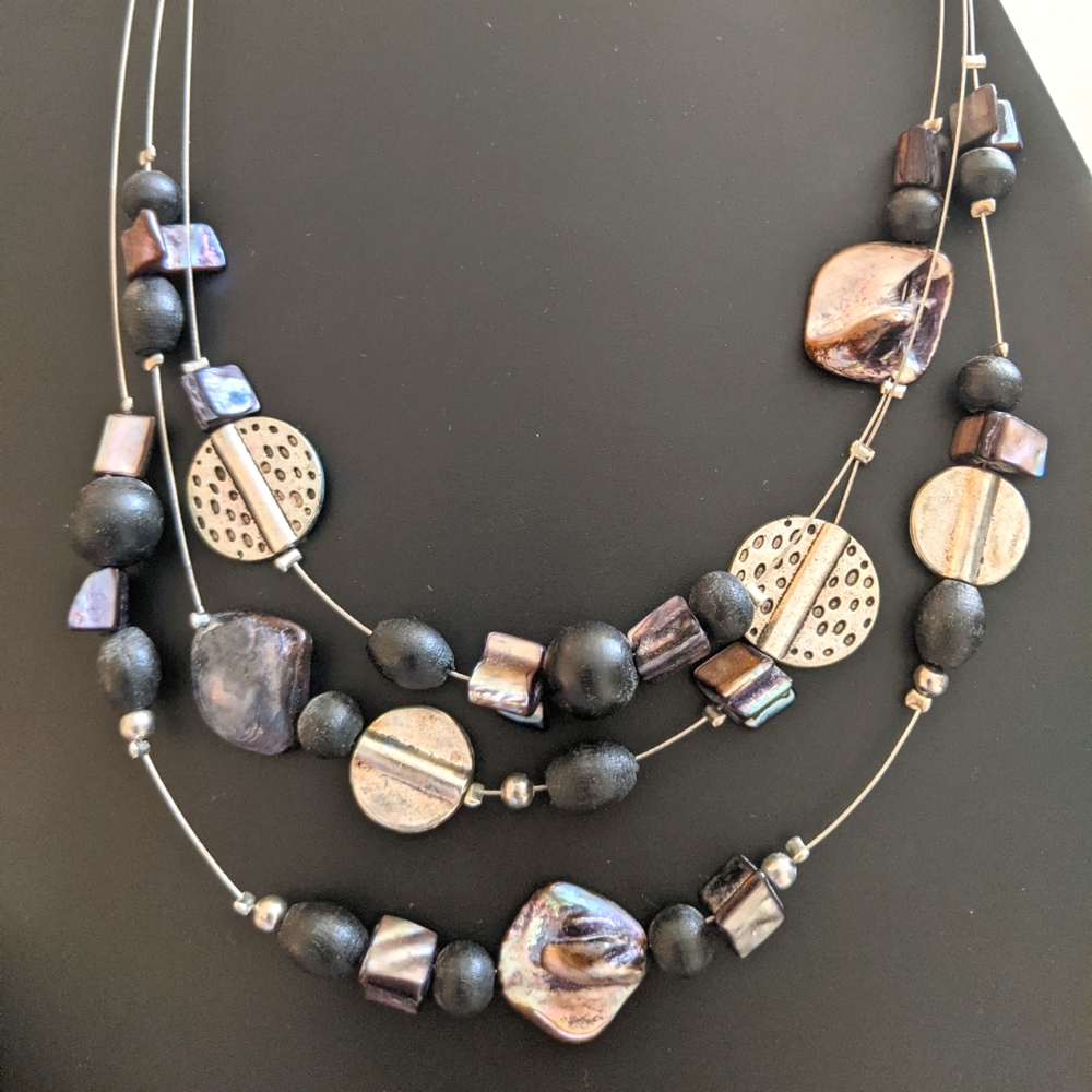 Mixed Beads Multi-strand Silver-tone Wire Necklace
